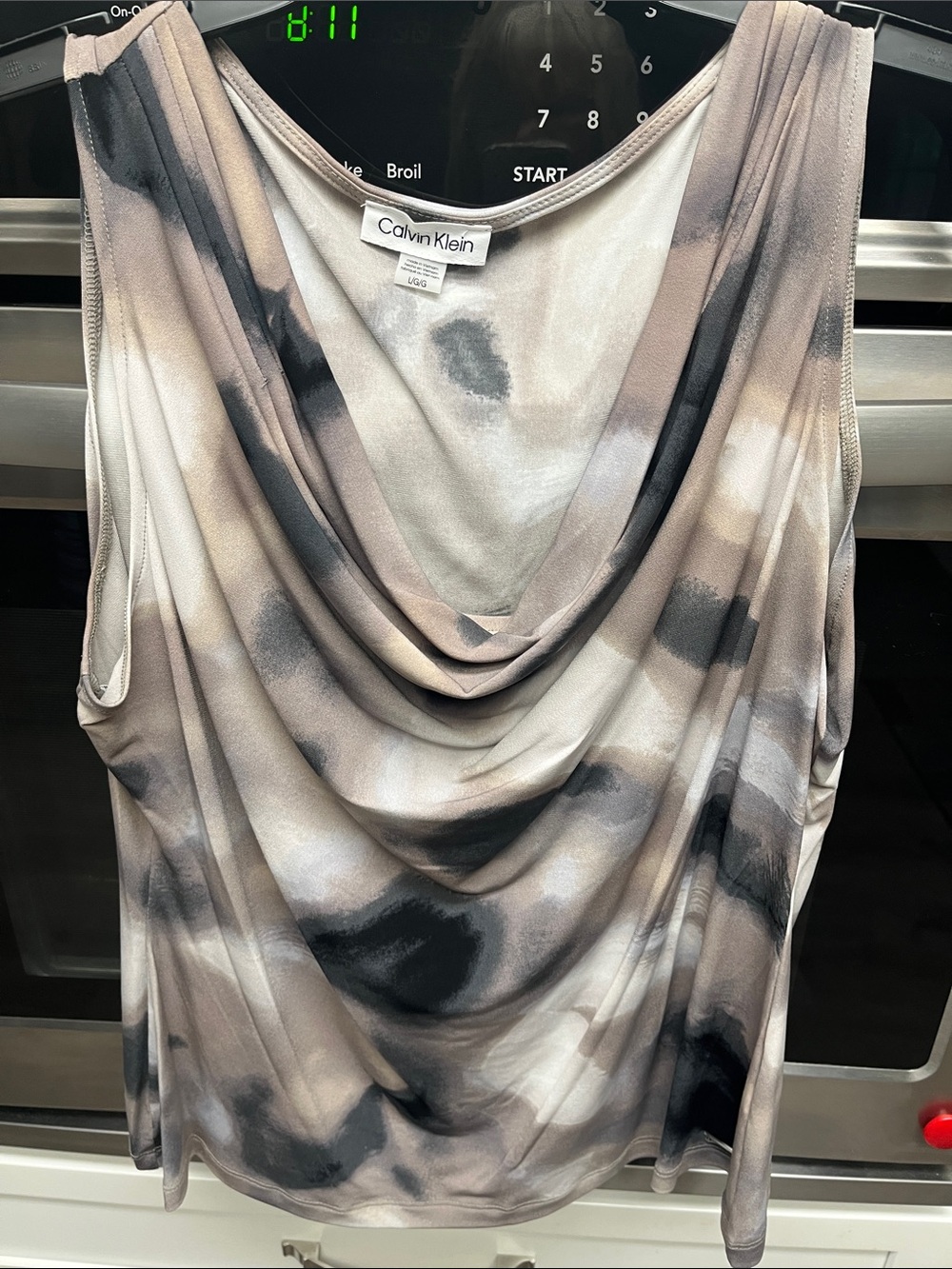 Calvin Klein Watercolor Draped Cowl Neck Tank in Beige, Gray and Black